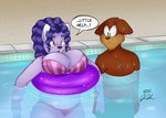 anthro big_breasts bikini breasts clothing duo female fur hair male pool_float purple_body purple_fur purple_hair slightly_chubby swimming_pool swimwear two-piece_swimsuit peterandwhitney peter_(pnc) whitney_(pnc) domestic_cat felid feline felis mammal