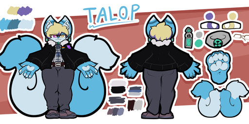 2_tails 4_toes 5_fingers anthro big_ears big_hands big_tail black_bottomwear black_clothing black_footwear black_jacket black_pants black_shoes black_topwear blue_body blue_claws blue_ears blue_fur blue_tail border bottomwear chest_tuft chibi claws clothed clothed_anthro clothed_male clothing color_swatch dipstick_ears ear_markings eyewear feet finger_claws fingers footwear front_view fully_clothed fully_clothed_anthro fully_clothed_male fur glasses grey_bottomwear grey_clothing grey_footwear grey_pants grey_shoes hair heterochromia huge_tail inner_ear_fluff jacket male multi_tail multicolored_ears pants paw_view purple_eyes purple_hair rear_view red_background shoes simple_background solo standing tail tan_eyes tan_hair text toe_claws toes topwear tuft white_body white_border white_ear_tips white_fur white_inner_ear white_inner_ear_fluff darkestartz talop canid canine fox mammal absurd_res character_name hi_res male_(lore)