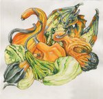 amber_eyes ambiguous_gender feral food fruit gourd green_body green_scales grey_background horn licking licking_lips licking_own_lips membrane_(anatomy) membranous_wings orange_body orange_scales plant scales self_lick simple_background solo squash_(fruit) tongue tongue_out wings yellow_body yellow_scales heather_bruton mythology dragon mythological_creature mythological_scalie scalie