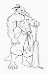 2007 3_toes 4_fingers abs anthro athletic belt biceps big_muscles biped bottomwear claws clothed clothing club_(weapon) dragon feet fingers grin hair horn looking_at_viewer male melee_weapon monochrome muscular muscular_anthro muscular_male mythological_creature mythological_scalie mythology navel pants pecs reptile scalie scar sketch smile solo standing tail toe_claws toes topless vein weapon whiskers wolfgangcake