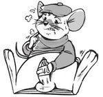 anthro balls blush clothing erection genitals hat headgear headwear male masturbation penis sitting solo dogeoisie disney the_rescuers_(disney) bernard_(the_rescuers) mammal mouse murid murine rodent 2022 monochrome