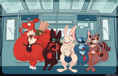 3_toes 4_fingers anthro anthrofied arm_markings ass_to_ass badge bag baguette belt big_butt biped black_body black_eyes blue_body blue_claws blue_fur blue_nose blush blush_lines bottomwear bread brown_body brown_fur bulge butt butt_squish cellphone chest_markings chest_tuft claws clothing detailed_bulge electronics feet fingers food fur genital_outline gloves green_sclera group hand_markings handwear head_tuft holding_cellphone holding_object holding_phone holding_smartphone huge_butt hyper hyper_butt leg_markings loincloth male markings navel nipples notched_ear open_mouth open_smile penis_outline phone pink_nose ranged_weapon raygun red_body red_sclera shortstack shortstack_male shoulder_markings side_balls smartphone smile squish striped_markings striped_tail stripes tail tail_markings thick_thighs toe_claws toes tuft weapon white_body white_claws metrothefox bandai_namco cartoon_network digimon disney guardians_of_the_galaxy lilo_and_stitch mao_mao:_heroes_of_pure_heart marvel sam_and_max max_(sam_and_max) rocket_raccoon sheriff_mao_mao_mao stitch_(lilo_and_stitch) alien digimon_(species) domestic_cat experiment_(lilo_and_stitch) felid feline felis guilmon lagomorph mammal procyonid raccoon 2022 absurd_res crossover hi_res