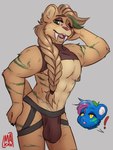 anthro braided_hair clothed clothing cutaway duo exclamation_point fangs fur hair jockstrap male male/male muscular muscular_anthro muscular_male nipple_piercing nipples pecs piercing pose simple_background skimpy teeth underwear maxwtv khaz_the_cougar neo_von_reinherz cougar felid feline mammal prehistoric_species saber-toothed_tiger digital_media_(artwork) hi_res pinup