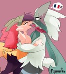 beanie blush bodily_fluids clothing drooling eyes_closed french_kissing hat headgear headwear hug hugging_another kiss_on_lips kissing licking_tongue male male/male open_mouth saliva saliva_on_tongue saliva_string surprised_expression sweat tongue tongue_out fiyawerks smooch nintendo pokemon fiya braixen generation_6_pokemon generation_9_pokemon meowscarada pokemon_(species) absurd_res hi_res