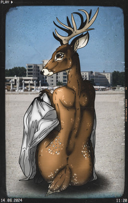 anthro antlers beach brown_body brown_eyes brown_fur butt female fur glistening glistening_body horn markings nude nude_anthro nude_female rear_view sand solo spots spotted_body spotted_markings tail vintage 0l-fox-l0 deer mammal absurd_res hi_res