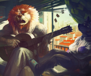 acoustic_guitar anthro bottomwear clothing detailed_background duo eyes_closed footwear guitar male muscular muscular_male musical_instrument pants plucked_string_instrument sandals shoes sitting string_instrument motogen canid canine felid lion mammal pantherine 2009 6:5