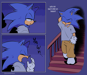 blue_body blue_fur bottomwear clothing dialogue fur gloves green_eyes handwear inside male open_mouth pants shirt stairs text thoughts topwear yawn quavernsfw sega sonic_the_hedgehog_(series) sonic_the_hedgehog eulipotyphlan hedgehog mammal comic english_text hi_res