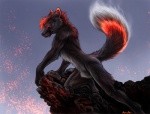 all_fours anthro biped black_body black_fur digitigrade feet fire fur hair lava ledge looking_aside looking_at_viewer male nude orange_eyes raised_tail red_body red_fur red_hair short_hair smoke solo tail volcano white_body white_fur rukis sethos canid canine fox mammal detailed