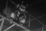 anthro claws clothed clothing ear_tuft fully_clothed fur low-angle_view male perching solo toe_claws tuft ipoke mammal rodent sciurid tree_squirrel 2022 digital_media_(artwork) full-length_portrait greyscale monochrome portrait