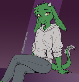 2_horns anthro arm_support backward_arm_support biped bottomwear breasts brown_eyes cheek_tuft closed_smile clothed clothing crossed_legs eyebrows eyelashes facial_tuft female fingers floppy_ears front_view fully_clothed fur green_body green_fur grey_bottomwear grey_clothing grey_hoodie grey_horn grey_pants grey_tail_tuft grey_topwear hair hoodie hooved_fingers hooves horn inner_ear_fluff looking_at_viewer medium_breasts monotone_body monotone_fur mouth_closed pants pupils purple_background rolled_up_sleeves short_hair short_horn simple_background sitting slit_pupils small_horn smile smooth_horn snout solo tail tail_tuft tapering_tail text topwear tuft terrathewizard freya_havar bovid caprine goat hybrid mammal 2025 artist_name dated digital_drawing_(artwork) digital_media_(artwork) flat_colors portrait three-quarter_portrait