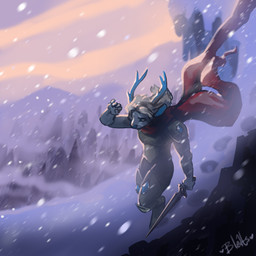 5_fingers anthro antlers armor clothing fingers forest fur hair headwind high-angle_view high_place horn male melee_weapon mountain neckwear particles plant red_neckwear scarf snow snowing solo sword tree weapon wind bleats deer mammal 1:1 2018 digital_media_(artwork) full-length_portrait hi_res portrait