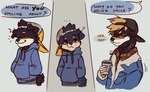 ambiguous_gender anthro beverage clothing coffee dialogue eyewear fuzzy glasses hat headgear headwear hoodie jacket offscreen_character sad shirt smile solo speech_bubble text topwear wereshiba sunny_(wereshiba) canid canine canis domestic_dog mammal shiba_inu spitz english_text nonbinary_(lore)