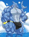 abs biceps big_muscles blue_skin bracelet bulge erection fangs fin fish flexing gills grey_skin grin jewelry macro male marine muscles musical_note orange_eyes pecs penis pose scales sea shark smile solo speedo standing swimsuit teeth toned topless water wet
Rating: Questionable
Score: 5
User: muscleartguy
Date: January 14, 2014