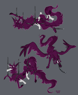 animal_genitalia animal_penis bdsm bondage bound canine_genitalia canine_penis disembodied_hand genitals ghost_hand group male male_focus muzzle_(object) muzzled penis restraints rope rope_bondage rope_harness solo_focus wings feelferal canid canine demon mammal absurd_res hi_res