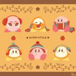 ambiguous_gender apple brown_background clothing duo earmuffs food fruit handwear hat headgear headwear mittens plant scarf simple_background winter_clothing uno_yuuji kirby_(series) nintendo kirby waddle_dee waddling_head 1:1 letterbox