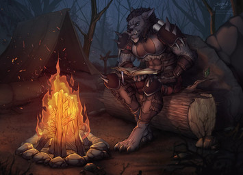 3_toes abs anthro armor barefoot beard biceps biped black_hair black_nose blue_eyes book bottomwear braided_hair campfire claws clothing digitigrade facial_hair fangs feet fire forest fur glowing glowing_eyes grey_body grey_ears grey_fur grey_hair hair hand_on_leg hand_on_thigh holding_object leaf log male mane mane_hair multicolored_hair muscular muscular_anthro muscular_male night outside paws plant reading rock shoulder_guards sitting solo teeth tent text toe_claws toes topwear tree two_tone_hair vambrace whisker_spots wood sheen-g blizzard_entertainment warcraft canid mammal werecanid werecreature worgen english_text signature url