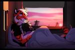 5_fingers anthro bed black_bars detailed_background duo fingers fur furniture hair male on_bed orange_body orange_fur romantic romantic_ambiance romantic_couple smile striped_body striped_fur stripes under_covers white_hair nitani nitani_(fursona) ticer american_opossum felid mammal marsupial pantherine tiger virginia_opossum 2019 digital_media_(artwork) shaded