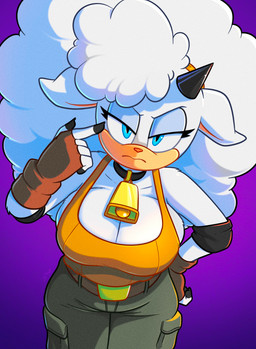 anthro arm_tuft bell bell_collar belt big_breasts blue_eyes bottomwear breasts clothing collar collarbone eyelashes female fingerless_gloves frown gloves hair handwear horn looking_at_viewer pants shoulder_tuft solo topwear tuft white_body white_hair roboticsteve idw_publishing sega sonic_the_hedgehog_(comics) sonic_the_hedgehog_(idw) sonic_the_hedgehog_(series) lanolin_the_sheep_(sonic) bovid caprine mammal sheep 2026 absurd_res hi_res
