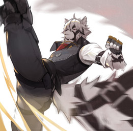 5_fingers anthro black_bottomwear black_clothing black_pants black_topwear bottomwear butler butt clothing fingers fist harness kick looking_at_viewer male pants red_eyes roundhouse_kick solo topwear wind yukiusagi1983 mihoyo zenless_zone_zero von_lycaon canid canine canis mammal wolf 2022 hi_res