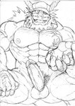 abs anthro biceps big_muscles claws clothing dragon eastern_dragon fangs genitals guide_lines hat headgear headwear hi_res humanoid_genitalia humanoid_penis kas20241013 kemono looking_at_viewer male monochrome muscular mythological_creature mythological_scalie mythology nipples pecs penis pubes scalie smile solo teeth vein veiny_penis