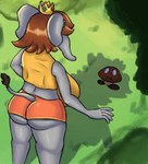 anthro big_breasts big_butt bottomwear breasts brown_hair butt clothing crop_top duo female grey_body hair hotpants huge_breasts shirt shorts snout thick_thighs topwear moonlitesau mario_bros nintendo super_mario_bros_wonder elephant_daisy princess_daisy elephant elephantid goomba mammal proboscidean hi_res