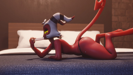 bed butt dildo_in_mouth freckles furniture lying male on_bed on_front oral oral_penetration penetration red_body red_skin sex_toy sex_toy_in_mouth sex_toy_insertion solo tail strikefrommidnight valorlynz_(modeler) hellaverse helluva_boss moxxie_(helluva_boss) demon humanoid imp 16:9 3d_(artwork) 4k absurd_res blender_(artwork) digital_media_(artwork) hi_res widescreen