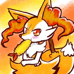 3_fingers ambiguous_anthro ambiguous_gender anthro arm_tuft biped black_body black_fur blush blush_lines cheek_bulge cheek_tuft chest_tuft crossed_arms dipstick_tail eating eating_food facial_tuft fingers flat_chested food front_view fur gradient_background hip_tuft inner_ear_fluff looking_at_viewer markings meat multicolored_body multicolored_fur multicolored_tail nude_ambiguous nude_anthro object_in_tail orange_body orange_eyes orange_fur orange_inner_ear_fluff pointy_ears prick_ears shoulder_tuft shrimp_(food) simple_background solo standing stick stick_in_tail tail tail_markings tapering_snout three-quarter_view tuft two_tone_tail white_body white_fur white_tail_tip yellow_body yellow_fur yellow_tail annyui0611 nintendo pokemon braixen canid generation_6_pokemon mammal pokemon_(species) 1:1 2021 colored digital_drawing_(artwork) digital_media_(artwork) half-length_portrait hi_res japanese_description portrait shaded