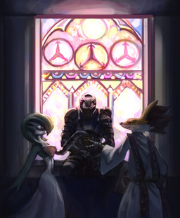 ambiguous_gender armor church detailed_background group stained_glass stole_(clothing) trio wedding fpbarros nintendo pokemon delphox gardevoir generation_3_pokemon generation_6_pokemon mammal pokemon_(species) absurd_res hi_res story story_in_description