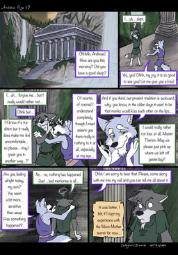 4_fingers 4_toes age_difference anthro barefoot bench black_nose blue_body blue_eyes blue_fur clothed clothed_anthro clothed_male clothing dialogue duo feet fingers fur grey_body grey_fur hindpaw humanoid_hands male multicolored_body multicolored_fur outside paws plant shirt sitting speech_bubble standing tail teeth temple text toes topwear tree tunic two_tone_body two_tone_fur uncomfortable water waterfall white_body white_fur spiritofash andreas_(spiritofash) therion_(spiritofash) canid canine canis mammal wolf comic english_text hi_res