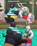 anthro balls belly big_belly big_penis black_body blush bottomwear clothing duo erection furniture genitals kemono male male/male overweight overweight_male penis profanity red_nose shirt shorts sitting sofa text topwear white_body leothelionel the_human_heart_(game) ace_cottontail tyler_laurent bovid bovine cattle lagomorph leporid mammal rabbit 2024 4:5 absurd_res english_text hi_res