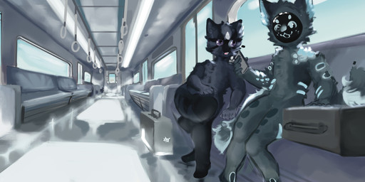 anthro blue_body blue_fur duo electronics female fur glowing glowing_markings male markings painted_background portable_music_player sky stickers_on_object suitcase train vehicle sonji aqua_(the_shady_zeraora) huckleberry_(the_shady_zeraora) felid feline mammal sea-space_cat absurd_res digital_media_(artwork) digital_painting_(artwork) hi_res painting_(artwork)