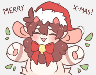 2_horns anthro bow_ribbon brown_hair christmas_clothing christmas_headwear circle_eyebrows clothing eyebrows eyes_closed hair hat head_horn headgear headwear holidays horn male merry_christmas open_mouth open_smile red_bow santa_hat simple_background smile solo white_background anotherbearsimp christmas sundae_(anotherbearsimp) bovid caprine mammal sheep 2025 digital_drawing_(artwork) digital_media_(artwork)