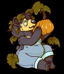 anthro biped black_body black_fur brown_outline claws clothed clothing curvy_figure denim denim_clothing female food fruit fur green_eyes holding_object leaf leaves_in_hair open_mouth outline overalls overweight overweight_anthro overweight_female pawpads plant pumpkin simple_background sitting slightly_chubby solo tan_body tan_fur thick_thighs transparent_background voluptuous danji-isthmus allison_(danji-isthmus) bear mammal alpha_channel digital_drawing_(artwork) digital_media_(artwork) full-length_portrait portrait