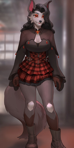 anthro black_nose bottomwear breasts buckle cleavage cloak clothed clothing colored_nails countershading curly_hair dipstick_tail fangs female front_view hair long_sleeves markings nails pattern_clothing plaid plaid_clothing red_clothing red_nails skirt solo standing tail tail_markings teeth zipper hubb4miaw nyx_(kobiyashi7) bat canid canine fox hybrid leaf-nosed_bat mammal microbat vampire_bat yangochiropteran absurd_res hi_res