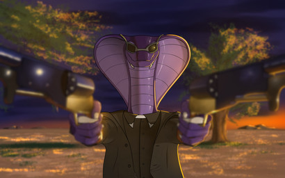 anthro claws clothing dual_wielding eyewear foreshortening gun handgun holding_object holding_weapon looking_at_viewer male outside plant ranged_weapon revolver scar solo sunglasses sunset tree weapon wreckerqd orion_(wreckerqd) cobra reptile scalie snake 16:10 absurd_res digital_media_(artwork) hi_res signature widescreen