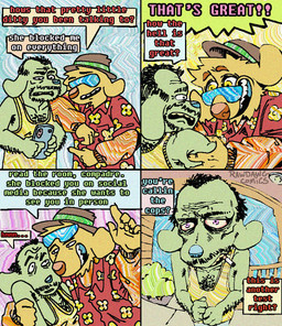 4_panel_comic aloha_shirt anthro arm_hair black_hair blue_nose body_hair brown_clothing brown_hat brown_headwear cellphone chest_hair cigarette cigarette_in_mouth clothing dialogue duo electronics eyewear floppy_ears fur green_arms green_body green_ears hair half-closed_eyes happy hat headgear headwear holding_cellphone holding_object holding_phone humor looking_at_another male narrowed_eyes object_in_mouth open_mouth open_smile pattern_clothing pattern_shirt pattern_topwear phone red_clothing shirt smile smoking_tobacco speech_bubble stubble sunglasses tank_top teeth text topwear wide_eyed yelling yellow_body yellow_clothing yellow_fur rawdawgcomics stahli_(rawdawgcomics) bird_dog canid canine canis domestic_dog golden_retriever hunting_dog mammal retriever comic english_text hi_res