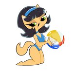 accessory anthro ball beach_ball bikini black_hair chibi clothing female green_eyes hair hair_accessory hairband holding_object inflatable kneeling looking_at_viewer simple_background smile solo swimwear tan_body two-piece_swimsuit white_background nyapparii nickelodeon t.u.f.f._puppy kitty_katswell domestic_cat felid feline felis mammal 2024 colored hi_res