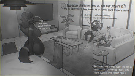 anthro biped bodily_fluids breasts butt detailed_background dialogue electronics fellatio female female_penetrated fluffy fluffy_tail furniture group inside male male/female male_penetrating nude oral penetration penile sex sitting sofa sweat sweaty_breasts tail television text wide_hips sincrescent bovid canid canine caprine mammal rodent hi_res
