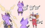 anthro armor blood bodily_fluids clothed clothing cosplay duo explosion fur gloves handwear headgear helmet male parody purple_body purple_fur racing_suit simple_background text white_body white_fur boke_(artist) animal_crossing jojo's_bizarre_adventure nintendo bob_(animal_crossing) kid_cat_(animal_crossing) killer_queen domestic_cat felid feline felis mammal 16:10 digital_media_(artwork) japanese_text widescreen