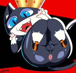 4_fingers anthro anus balls bent_legs biped black_background black_balls black_body black_clothing black_footwear black_fur black_penis black_shoes black_tail blue_eyes butt clothing crown fangs fingers flaccid footwear foreskin fur genitals gesture glistening glistening_body glistening_butt glistening_eyes gloves_(marking) hand_gesture headgear leg_markings long_foreskin looking_at_viewer lying male male_anthro markings mostly_nude mostly_nude_anthro mostly_nude_male multicolored_body multicolored_clothing multicolored_footwear multicolored_fur multicolored_shoes multicolored_tail on_back open_mouth orange_clothing orange_footwear orange_shoes pawpads penis pink_anus pink_pawpads rear_view red_background shoes simple_background socks_(marking) solo tail teeth text tongue tongue_showing two_tone_body two_tone_clothing two_tone_footwear two_tone_fur two_tone_shoes unretracted_foreskin white_body white_fur white_tail win-victory-love foxart950 atlus megami_tensei persona_(series) persona_5 sega morgana_(persona) domestic_cat felid feline felis mammal tuxedo_cat 2025 absurd_res artist_name digital_media_(artwork) hi_res