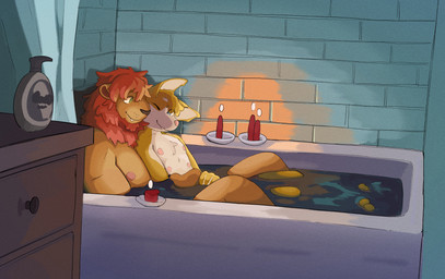 anthro bathing bathing_together bathroom bathtub candle candlelight chest_tuft claws cloud countershade_face countershade_torso countershading cute_fangs detailed_background duo fangs fur green_eyes inner_ear_fluff light male male/male mane multi_nipple nipples orange_body orange_fur pink_nipples red_mane relaxing romantic smile tan_body tan_fur teeth tile tile_wall tuft wall_(structure) water white_body white_countershading martindosent air_(htodinth) alder_(shanghaiohmy) air_creature canid canine elemental_creature felid fox lion living_cloud mammal pantherine absurd_res colored digital_drawing_(artwork) digital_media_(artwork) hi_res nonbinary_(lore)