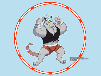 anthro blue_hair bottomwear clothing fur grey_body grey_fur hair male muscular muscular_male shirt shorts solo standing topwear chillyantoine brok_the_investigator cowcat_games dart_(brok_the_investigator) mammal murid murine rat rodent 2026 4:3 hi_res
