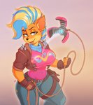 2020 activision anthro bandicoot belt big_breasts black_nose blonde_hair blue_eyes blue_hair bottomwear breasts clothing crash_bandicoot_(series) daxzor denim denim_bottomwear denim_clothing digital_media_(artwork) ear_piercing ear_ring female fingerless_gloves gloves gradient_background grappling_hook hair handwear hi_res inner_ear_fluff jacket jeans leather leather_clothing leather_jacket leather_topwear looking_at_viewer mammal marsupial multicolored_hair orange_body pants piercing pirate_tawna ring_piercing rope shirt signature simple_background solo technology thick_thighs topwear tuft two_tone_hair