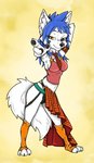 anthro blue_hair breasts brown_eyes clothing dancing female footwear fur hair heterochromia necktie solo toeless_footwear white_body white_fur yellow_eyes ziegelzeig bad_guy_cafe mia_(smneff) arctic_fox canid canine fox mammal true_fox hi_res