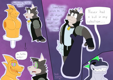anthro bodily_fluids drooling duo eye_contact gold_statue horn hypnosis inanimate_transformation looking_at_another male mind_control plushie plushification ringed_eyes saliva sculpture smile statue text transformation deskhyena blaggi_(iggalb) tibu_(deskhyena) animate_inanimate aquatic bovid bovine cattle fish mammal shark comic english_text hi_res