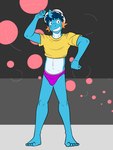 3:4 abstract_background anthro anthrofied briefs bulge clothed clothing crop_top full-length_portrait fuze generation_3_pokemon gesture grin hat headgear headwear hi_res male midriff mudkip navel nintendo pantsless pokemon pokemon_(species) pokemorph portrait shirt smile solo t-shirt topwear underwear waving