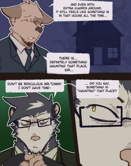 3_panel_comic accessory anthro building business_suit clothed clothing dialogue duo eyes_closed eyewear furniture glasses hair house male muscular muscular_anthro muscular_male necktie rectangular_glasses speech_bubble suit table text yellow_eyes king_slabu nathan_(king_slabu) american_opossum canid canine canis domestic_dog mammal marsupial virginia_opossum comic digital_media_(artwork) english_text hi_res