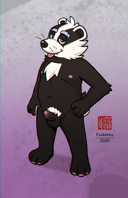 3_toes 4_fingers anthro balls black_balls black_body black_fur black_penis blue_eyes crotch_tuft erection eyebrows fangs feet fingers foreskin fur genitals glans half-closed_eyes humanoid_genitalia humanoid_penis looking_at_viewer male narrowed_eyes navel nipples nude penis pink_glans pink_nipples pink_tongue smile solo standing tail teeth text toes tongue tongue_out tuft whiskers white_body white_fur fudatsu bradley_the_badger_(game) bradley_(bradley_the_badger) badger mammal mustelid musteline 2025 artist_name dated