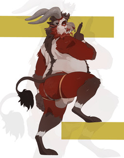 anthro bovid_horn bulge caprine_horn clothed clothing cloven_hooves facial_piercing holidays hooves horn jockstrap jockstrap_only looking_at_viewer male male_anthro mature_male nose_piercing overweight overweight_anthro overweight_male piercing shush side_view skimpy solo standing step_pose tongue tongue_out topless underwear underwear_only rumash christmas krampus bovid caprine caprine_demon demon goat_demon mammal 2023 hi_res