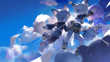 ambiguous_gender anthro clothing duo floating flying footwear hand_pawpads kemono lens_flare looking_at_viewer looking_back looking_back_at_viewer one_eye_closed open_mouth open_smile pawpad_socks shoes short smile sneakers wink winking_at_viewer young young_anthro emolga_1 mammal 2025 absurd_res chinese_description hi_res watermark